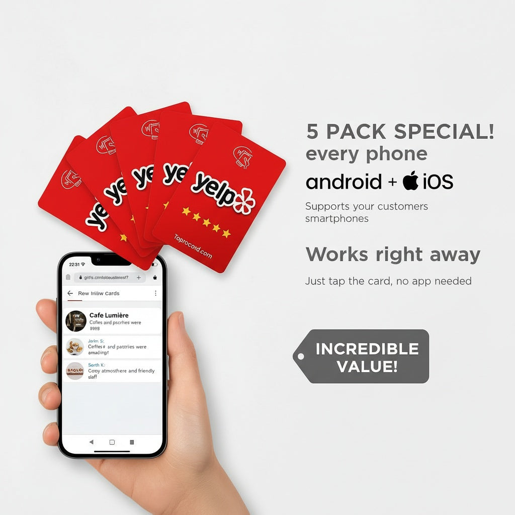 Review Us on Yelp NFC Cards by TAPro – Tap-to-Review (1, 3 & 5 Pack)